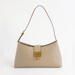 SOLD— Ferragamo Taupe Beige / Gold Shoulder Bag